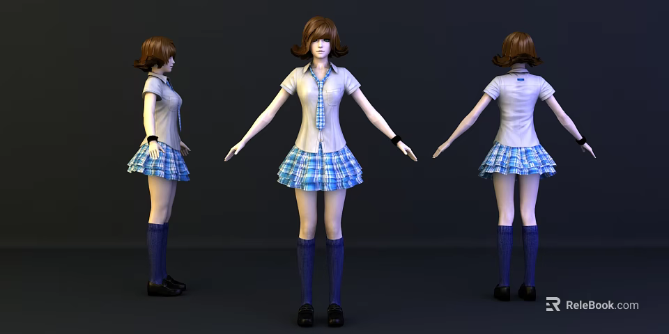 Young Woman in White Shirt Plaid Skirt Tie Blue Socks Black Shoes Three Angles View 3d model 