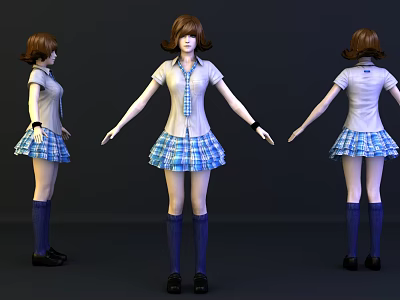 Young Woman in White Shirt Plaid Skirt Tie Blue Socks Black Shoes Three Angles View 3d model