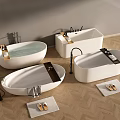 Modern Minimalist Bathtubs Interior With Wooden Trays Towels Slippers And Herringbone Flooring