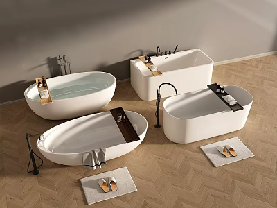 Modern Minimalist Bathtubs Interior With Wooden Trays Towels Slippers And Herringbone Flooring 3d model