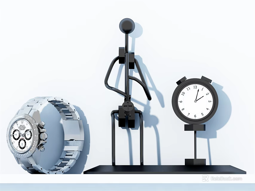 Table Clock With Black Mechanical Figure And Silver Wristwatch On 3d model 