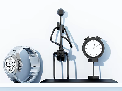 Table Clock With Black Mechanical Figure And Silver Wristwatch On 3d model