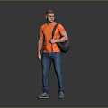Man Wearing Orange T-shirt Blue Jeans Gray Shoes With Black Backpack Standing Against Gray Background