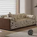 Two Seater Sofa with Black and White Wavy Pattern Brown Wooden Frame and Floor Lamp
