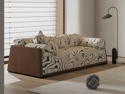 Two Seater Sofa with Black and White Wavy Pattern Brown Wooden Frame and Floor Lamp 3d model