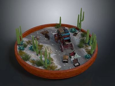 Miniature Desert Scene With Cactus Plants Old Wagon And Wooden Boxes In Round Tray 3d model