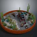 Miniature Desert Scene With Cactus Plants Old Wagon And Wooden Boxes In Round Tray
