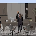 Modern Office Desk With Computer Documents Chairs And Potted Plant In Business Environment