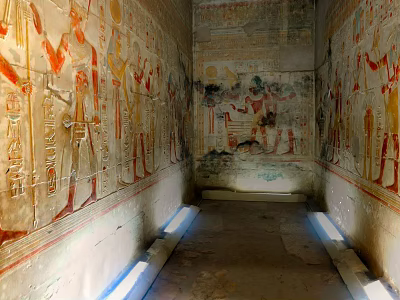 Ancient Egyptian Tomb Wall With Colorful Murals And Hieroglyphic Carvings 3d model