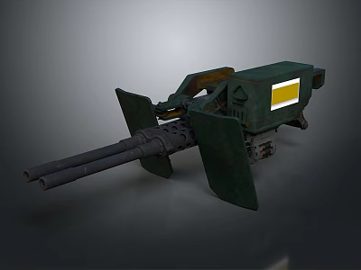 Military Heavy Duty Weapon With Twin Barrels Green Armor Mechanical Design And Yellow Sign 3d model
