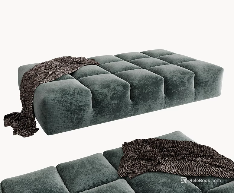 Dark Green Velvet Sofa Bench With Tufted Design And Cozy Throw Blanket 3d model 