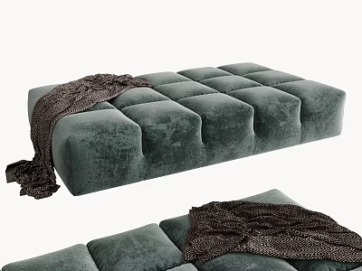 Dark Green Velvet Sofa Bench With Tufted Design And Cozy Throw Blanket 3d model