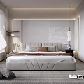 Modern Bedroom Interior with Upholstered Headboard Large Window White Curtains and Area Rug