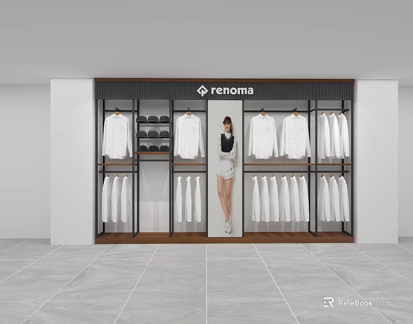 Clothing Hangers In Retail Store Display With White Shirts Pants And Shoes 3d model 