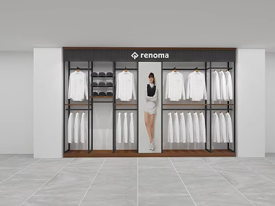 Clothing Hangers In Retail Store Display With White Shirts Pants And Shoes 3d model