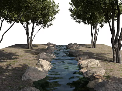 Natural Waterside Landscape With Flowing Stream Rocks Trees And Green Grass 3d model
