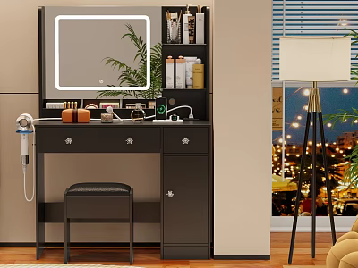 Dark Colored Dressing Table With Lighted Mirror Cosmetics Stool And Floor Lamp 3d model