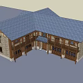 Traditional Two Story House With Wooden Frames Stone Walls Dark Roof Windows And Balconies