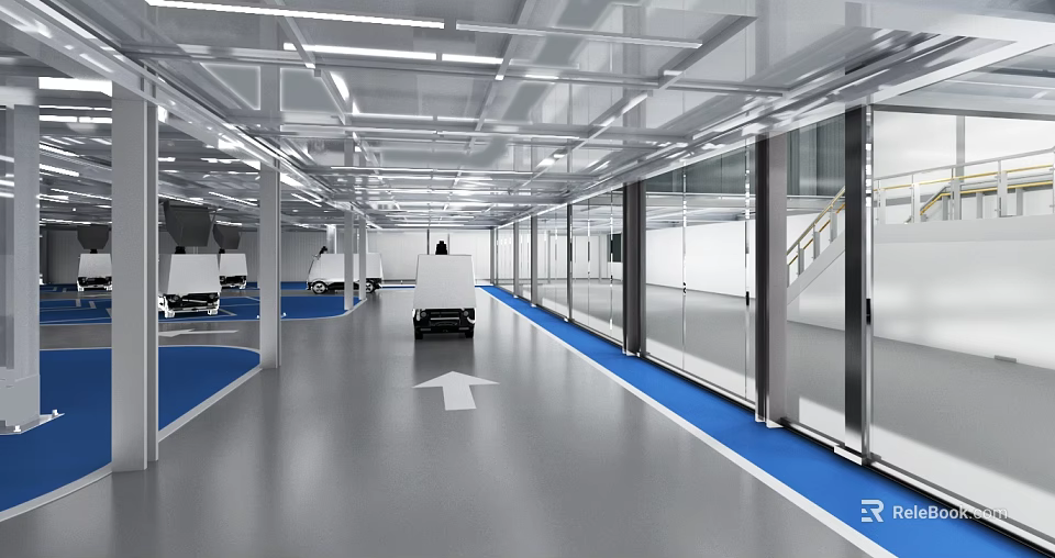 Modern Public Office Space With Glass Partitions Blue Flooring White Furniture And Ceiling Lighting 3d model 