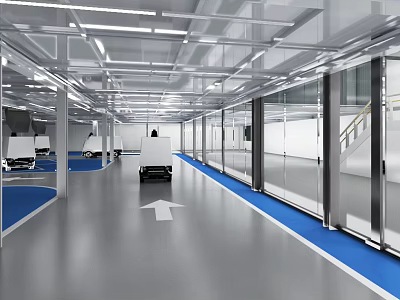 Modern Public Office Space With Glass Partitions Blue Flooring White Furniture And Ceiling Lighting 3d model