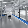 Modern Public Office Space With Glass Partitions Blue Flooring White Furniture And Ceiling Lighting