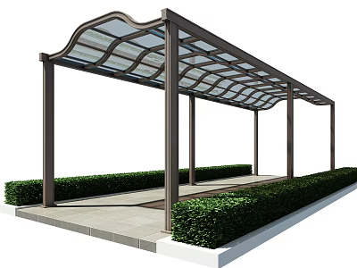 Modern Pergola With Metal Frame Glass Roof And Green Shrubs On Stone Floor 3d model