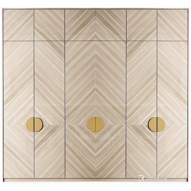 Modern Wooden Wardrobe With Chevron Pattern And Gold Circular Handles Design 3d model 