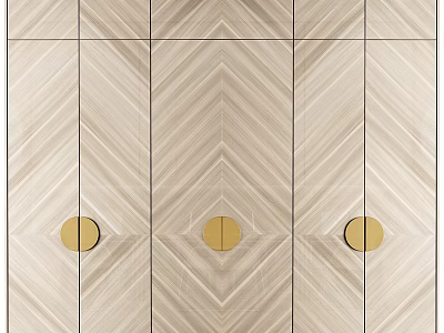 Modern Wooden Wardrobe With Chevron Pattern And Gold Circular Handles Design 3d model