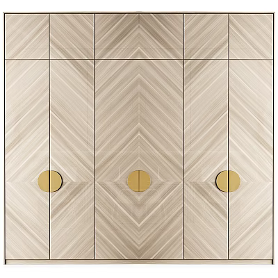 Modern Wooden Wardrobe With Chevron Pattern And Gold Circular Handles Design 3d model