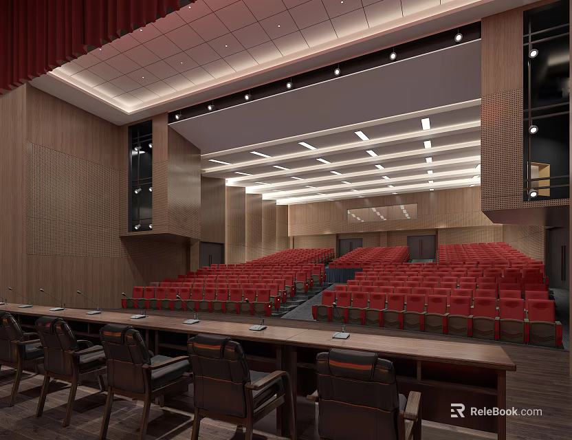 Modern Conference Room Interior With Red Seats Wooden Walls And Ceiling Lighting 3d model 