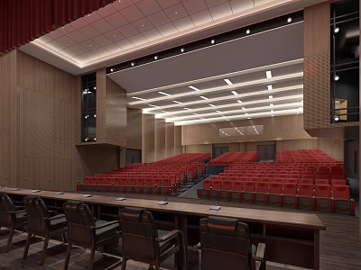 Modern Conference Room Interior With Red Seats Wooden Walls And Ceiling Lighting 3d model