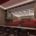 Modern Conference Room Interior With Red Seats Wooden Walls And Ceiling Lighting