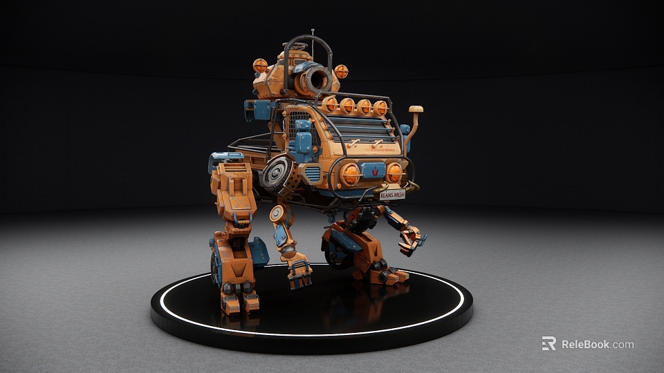 Smart Machine With Orange And Blue Mechanical Structure Multiple Arms Wheels On Black Circular Base 3d model 