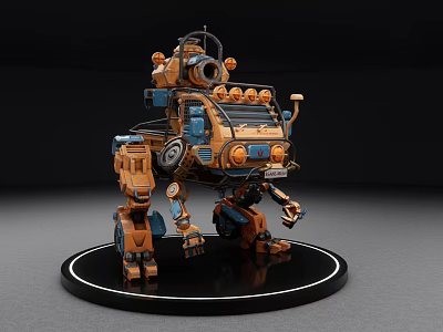 Smart Machine With Orange And Blue Mechanical Structure Multiple Arms Wheels On Black Circular Base 3d model