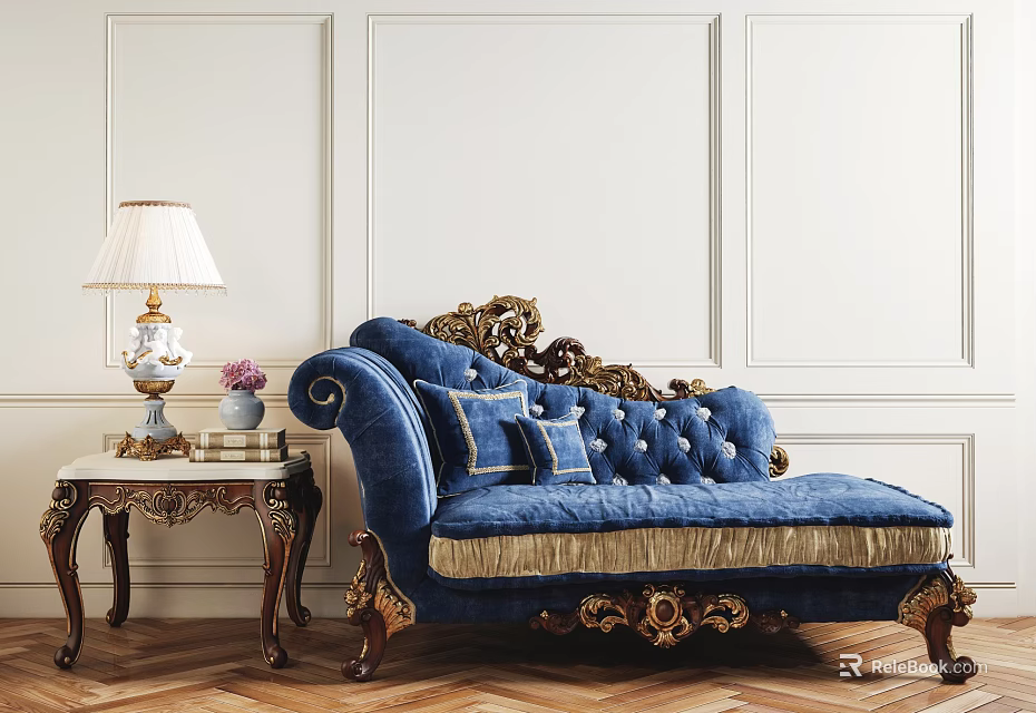 Luxurious Blue Velvet Chaise Lounge With Gold Carved Details White Paneled Walls And Wooden Floor 3d model 