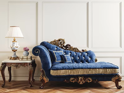 Luxurious Blue Velvet Chaise Lounge With Gold Carved Details White Paneled Walls And Wooden Floor 3d model