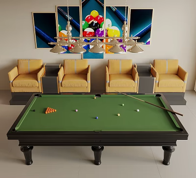 Billiard Room Interior With Green Felt Table Yellow Armchairs Decorative Paintings And Chandelier 3d model