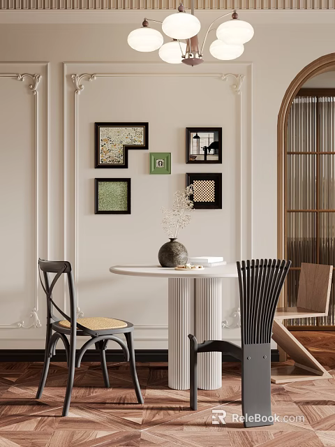Elegant Round Dining Table Set With Decorative Wall Frames And Vase 3d model 