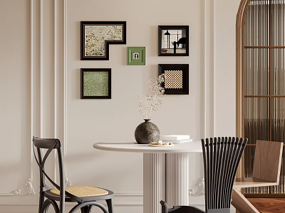 Elegant Round Dining Table Set With Decorative Wall Frames And Vase 3d model