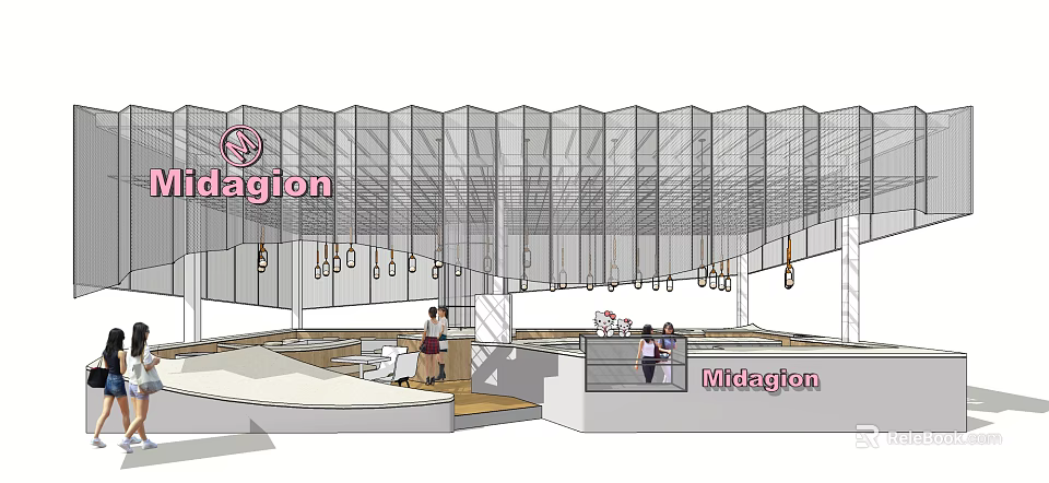 Modern Café Interior Design With Perforated Ceiling Hanging Lights And Counter Seating 3d model 