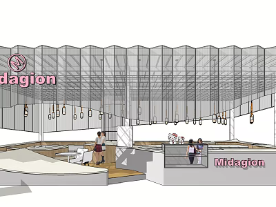Modern Café Interior Design With Perforated Ceiling Hanging Lights And Counter Seating 3d model