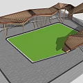 Wooden Pergola Structure With Sloped Roof Vertical Slat Columns And Grass Area