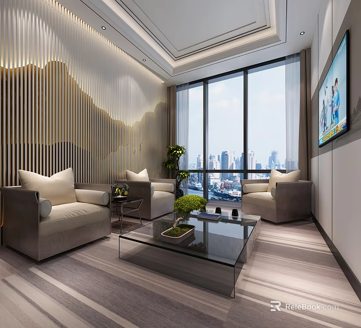 Elegant Hotel Public Lounge Interior With Comfortable Sofas Large Windows And City View 3d model