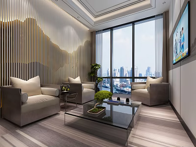Elegant Hotel Public Lounge Interior With Comfortable Sofas Large Windows And City View 3d model
