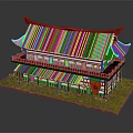 Traditional East Asian Multi Story Building With Red Walls Curved Eaves And Dark Tiled Roof