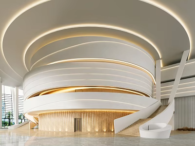 Modern Service Hall Interior With Circular Structure Lighting Staircase Marble Floor And Wooden Walls 3d model
