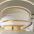Modern Service Hall Interior With Circular Structure Lighting Staircase Marble Floor And Wooden Walls