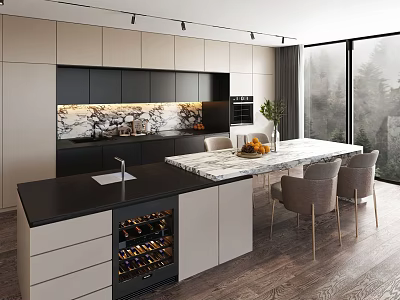 Modern Open Kitchen Bar With Black Countertop Wine Cooler Marble Island And Chairs 3d model