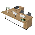 Wooden Reception Desk With Two Laptops Printer Green Plant Magazines And Black Chairs
