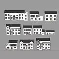 Various Styles White Houses With Black Roofs On Light Open Ground Under Blue Sky